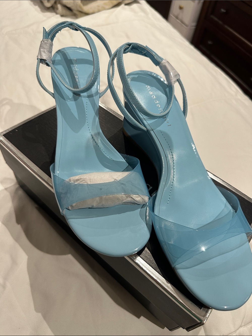 Madden Girl Light Blue Clear Strap Block Heel Sandals